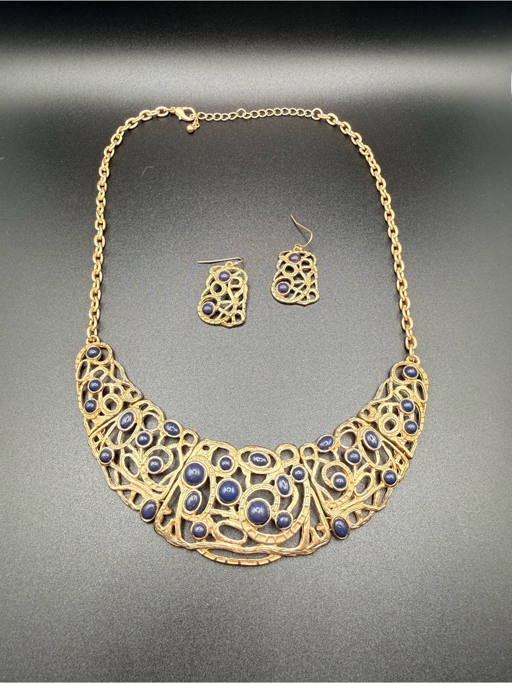 Gold-tone Statement Necklace and Earrings Set with Blue Cabochons